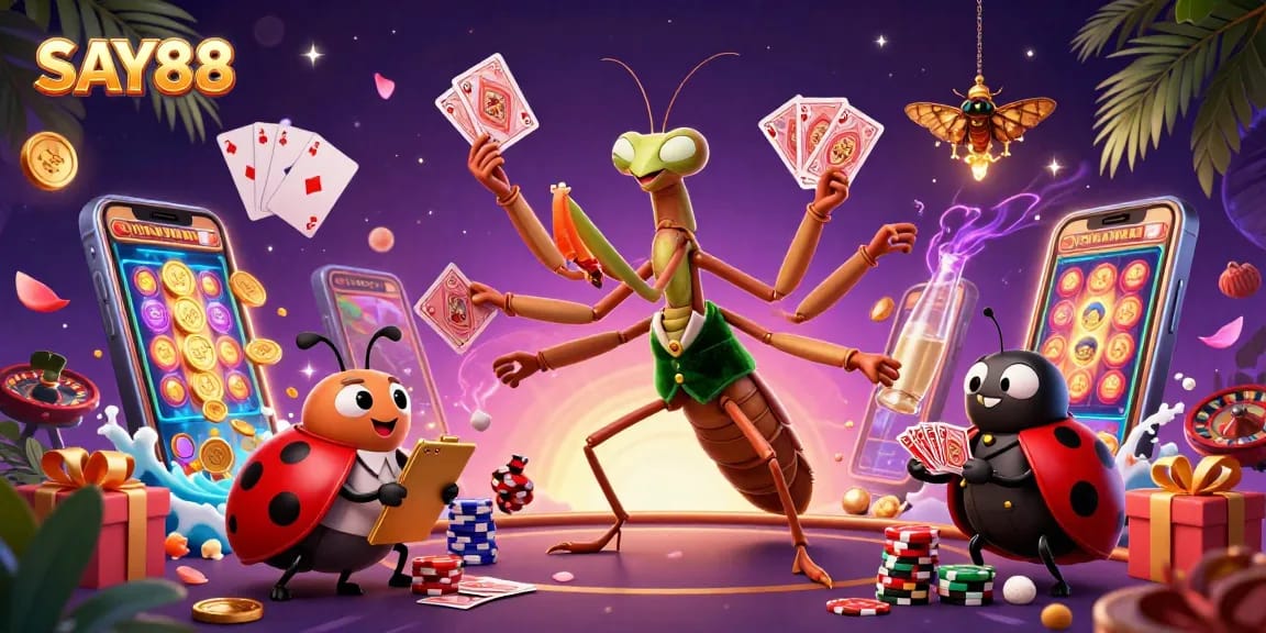 SAY88 platform showcases vibrant 3D characters dealing cards and slots, capturing thrilling casino action.