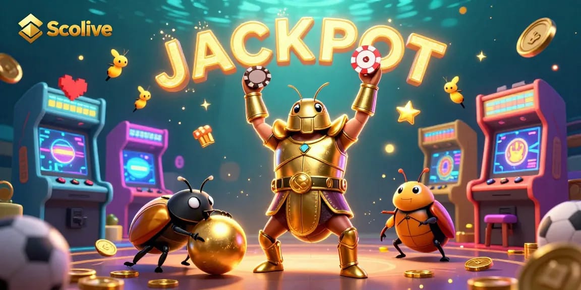 Socolive showcases a dynamic scene featuring a victorious beetle character lifting a poker chip amid a vibrant casino atmosphere.
