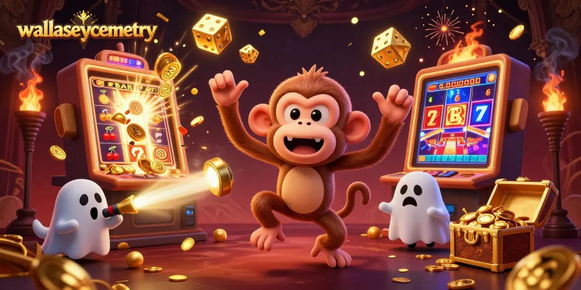 wallaseycemetery engaging in a vibrant casino scene with golden coins and a dynamic jackpot.