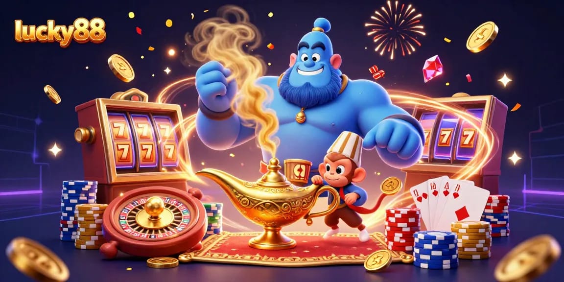 Experience the excitement of lucky88 with a dynamic illustration featuring a genie and casino elements.