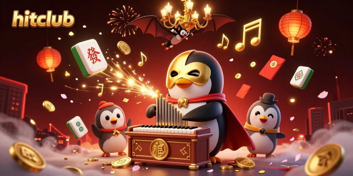 hitclub penguin plays organ, showering golden coins, with vibrant game elements and a warm atmosphere