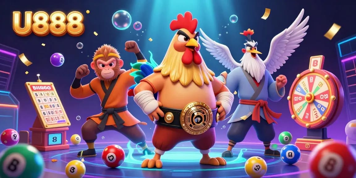 Experience thrilling action with U888's vibrant gaming scene featuring a Muay Thai rooster, Shaolin monkey, and crane master.