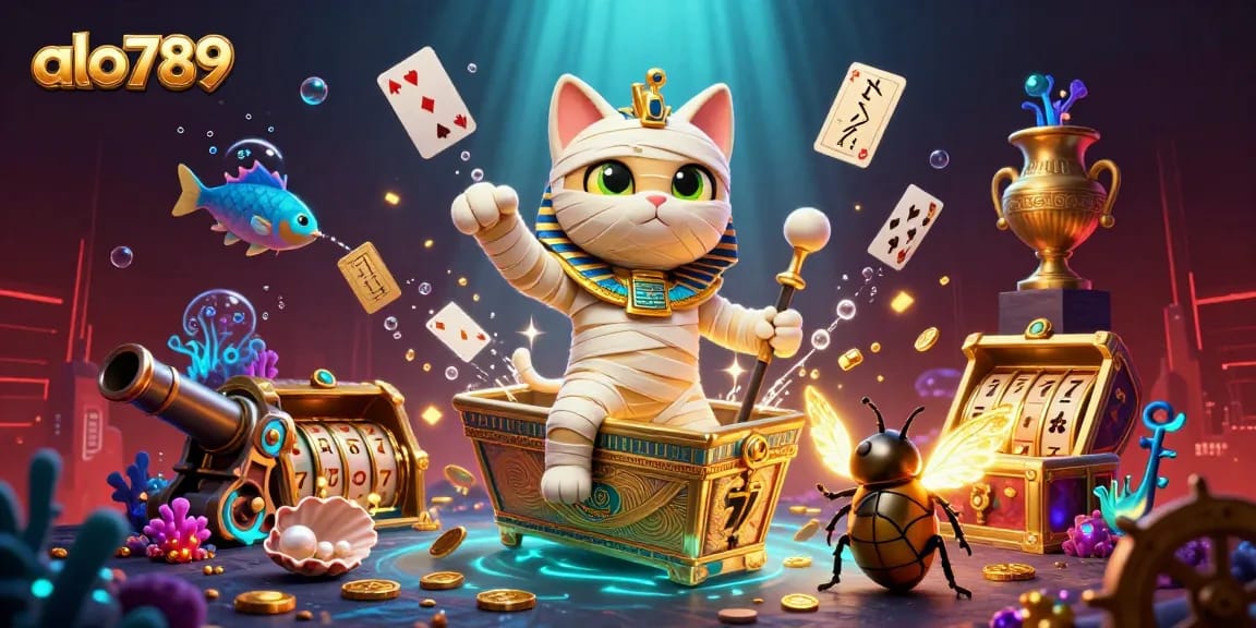 Alo789 brings excitement with a glowing Egyptian mummy and casino elements for thrilling gameplay.