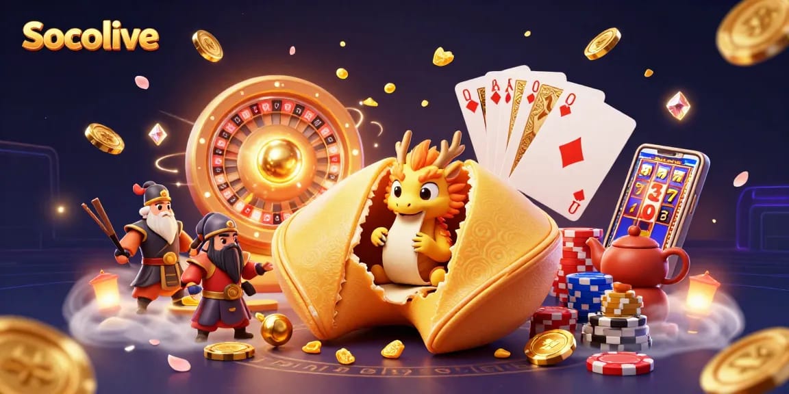 Socolive enhances gambling experiences with a dynamic 3D illustration featuring fortune cookies and golden treasures.