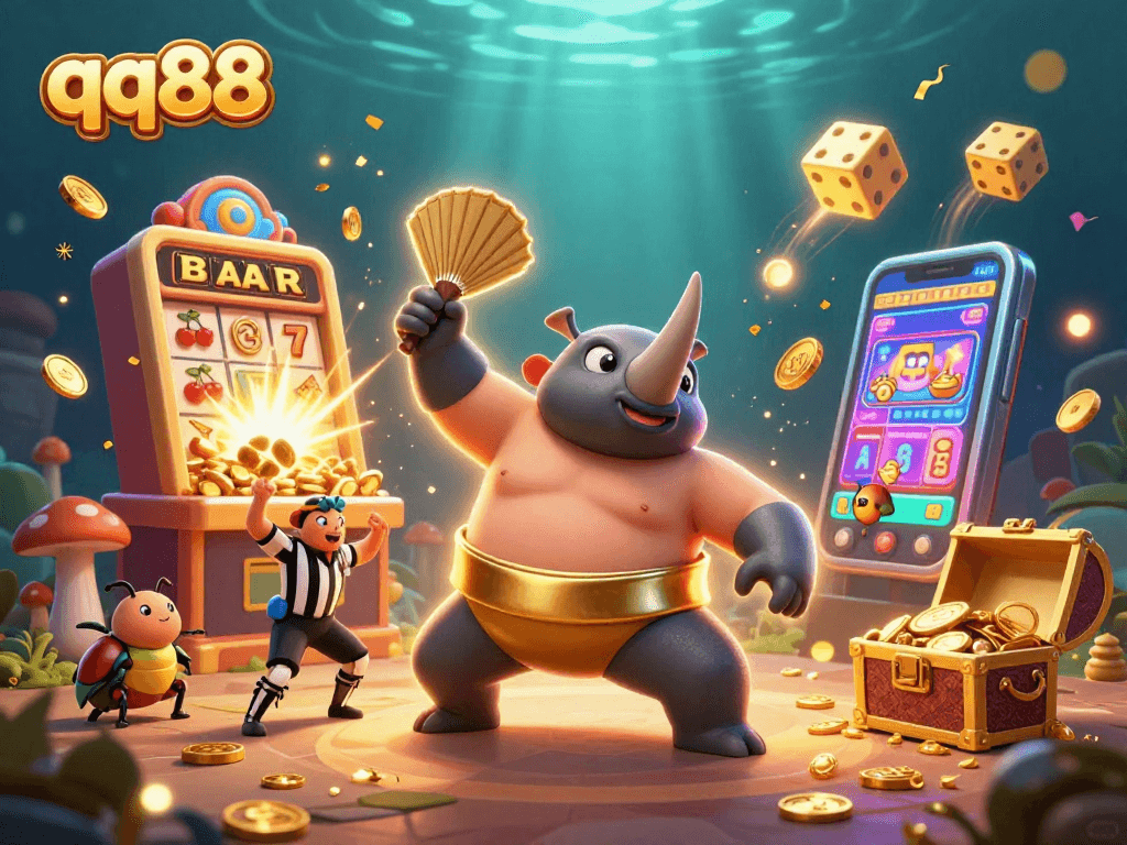 Experience immersive gaming thrills at qq88 with a dynamic casino illustration featuring vibrant action and golden prizes.