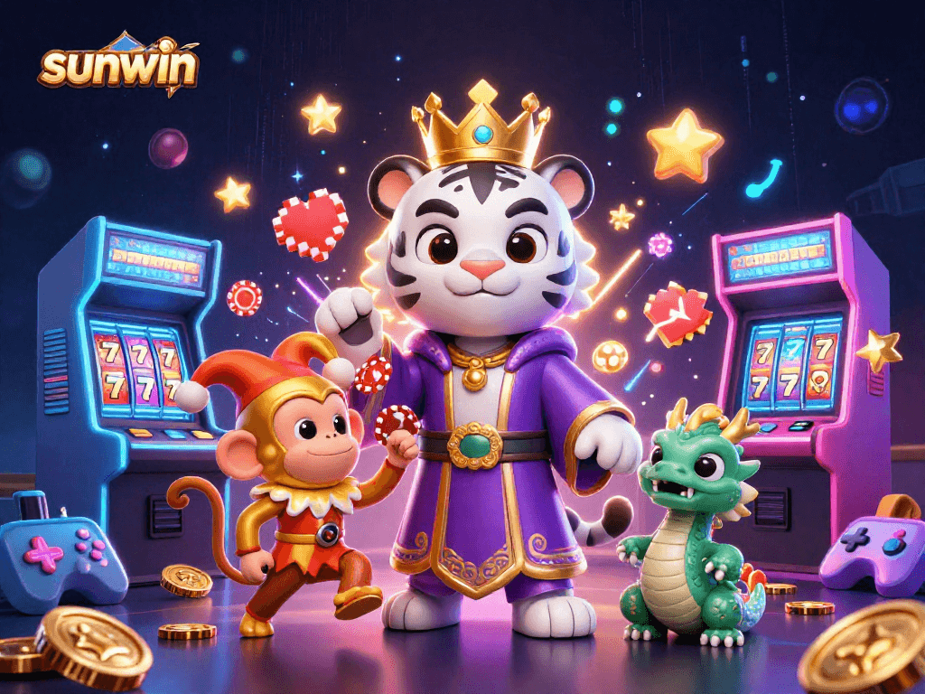 Engage with exciting gaming opportunities at Sunwin, where animated characters play amidst colorful slot machines.