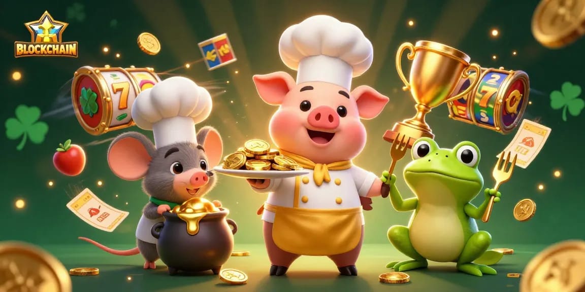 Experience the excitement of BLOCKCHAIN gaming with vibrant slot reels, animated characters, and golden treasures.