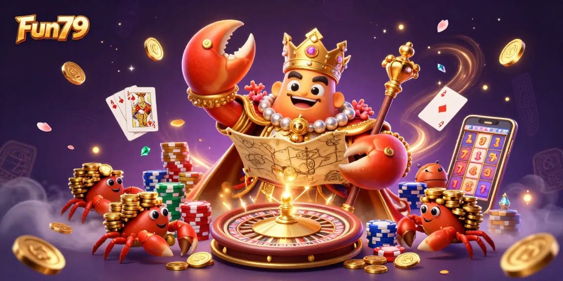 Experience fun and excitement at Fun79 with this vibrant illustration featuring casino elements and treasures.