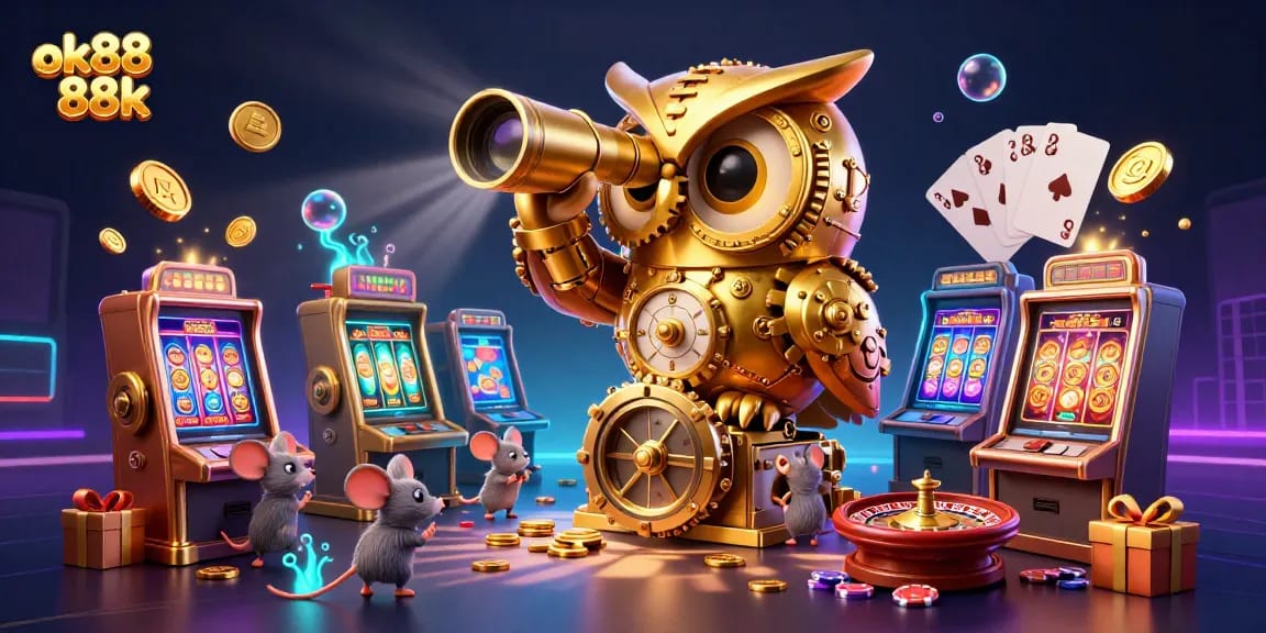 Watch the ok88 88k owl oversee exciting gameplay with vibrant casino elements and golden coins.