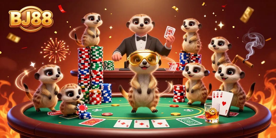 Engage with BJ88 as meerkats orchestrate a lively casino scene filled with poker excitement and vibrant energy.