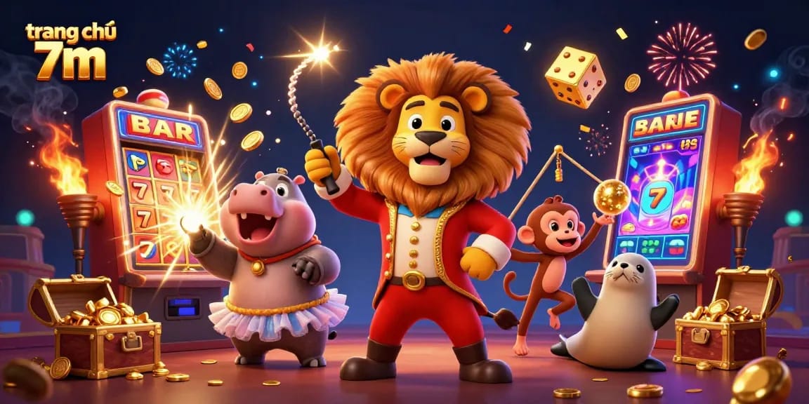 Experience the excitement of trang chủ 7m with a lively circus scene featuring a lion, hippo, monkey, and seal amidst dynamic casino elements.