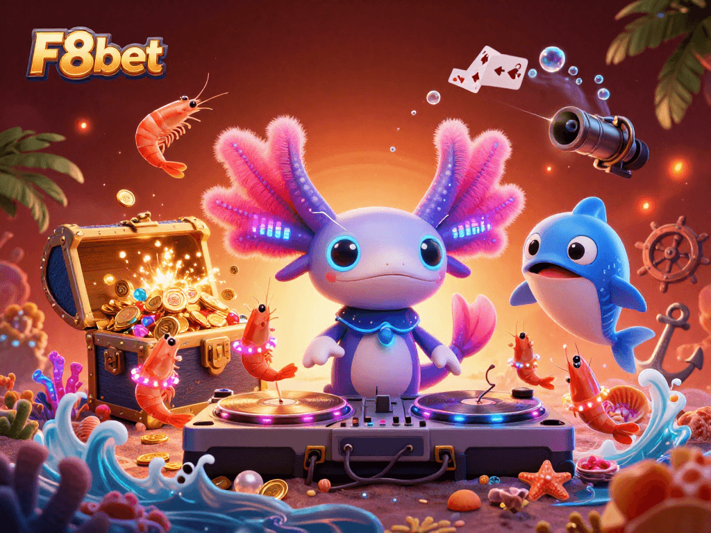 Engage with F8bet's vibrant underwater casino scene featuring lively characters and exciting elements.