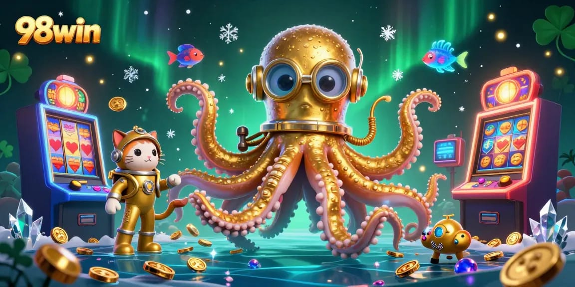 Join the fun at 98win, where a colossal kraken interacts with a diving cat amidst vibrant slot machines.