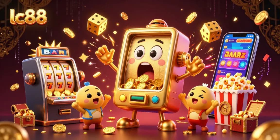 Experience excitement with lc88's vibrant 3D jackpot scene, showcasing a golden slot machine winning big.