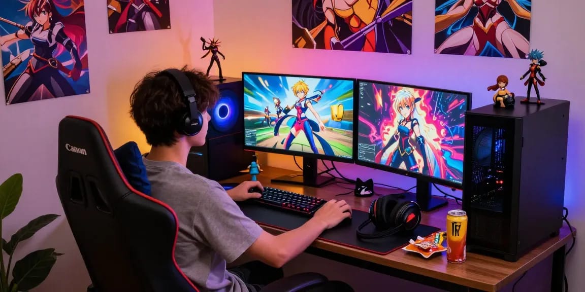 Experience the thrill of real ecchi games in a cozy gaming setup featuring dual monitors, collectibles, and vibrant atmosphere.