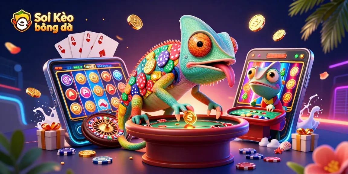 Soi Kèo bóng đá: Dynamic illustration of a colorful casino scene with a chameleon's gambling elements.