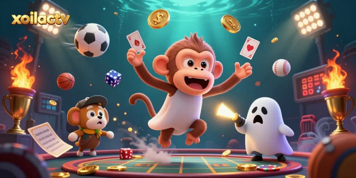 Experience the thrill of xoilactv as the mischievous poltergeist monkey captivates in this vibrant casino scene with golden treasures.