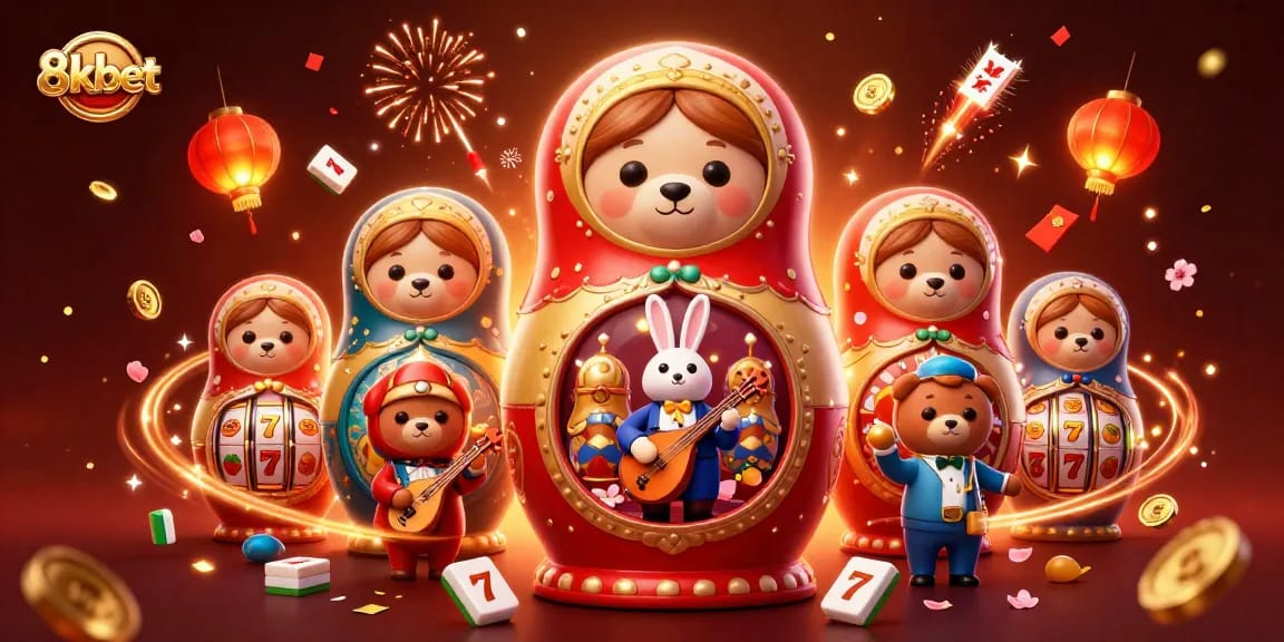 Experience the excitement of 8kbet with vibrant casino characters and dynamic game elements in a 3D illustration.