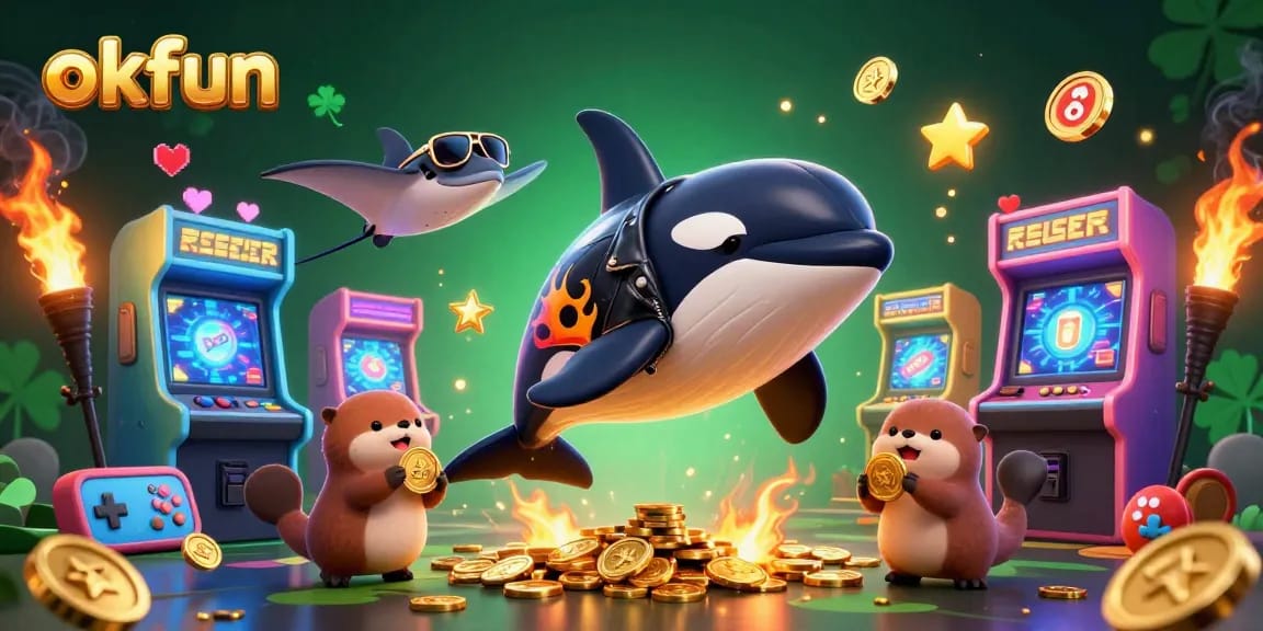 Experience the thrill of okfun with 3D cartoon characters in a vibrant casino-themed illustration featuring exciting gaming elements.