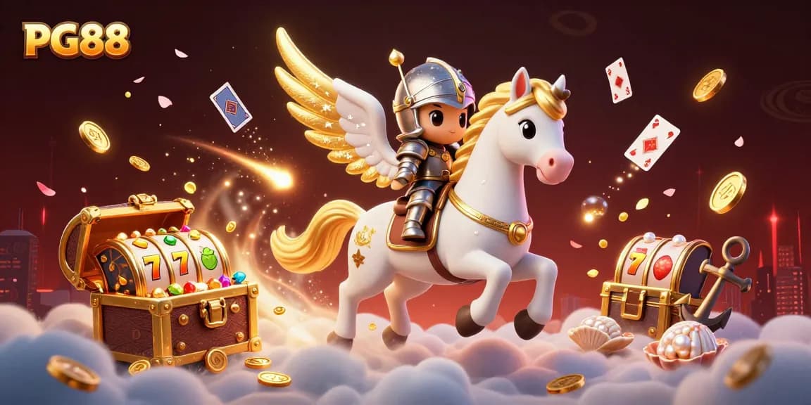 Engage with PG88's fantasy gaming universe featuring a knight and celestial horse amidst vibrant casino elements.