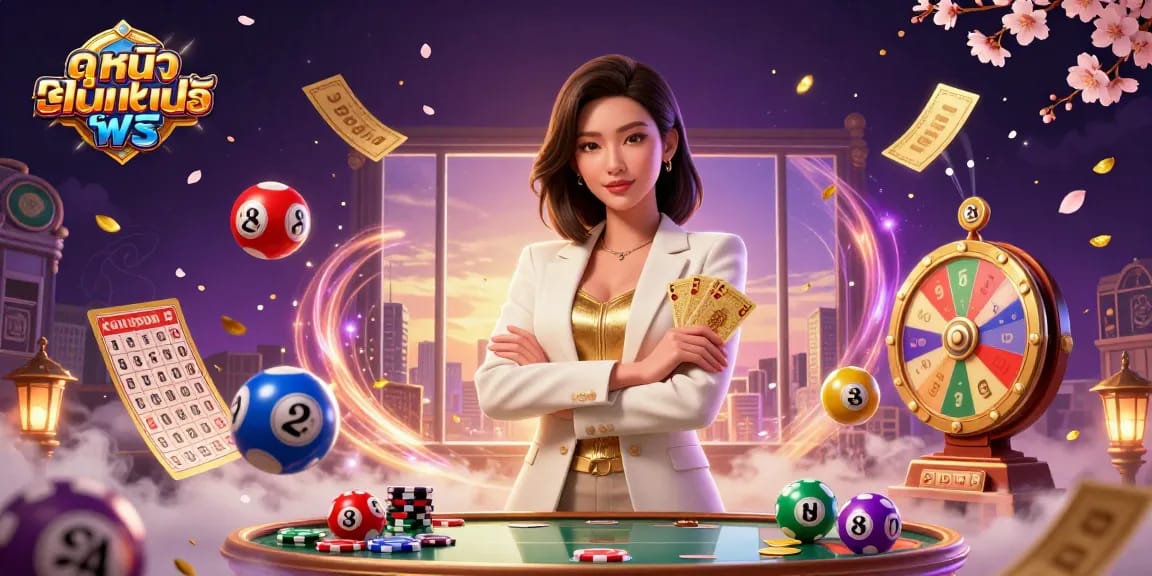 Experience ดูหนังออนไลน์ฟรี with breathtaking visuals of a confident woman holding cards amidst dynamic lottery elements.