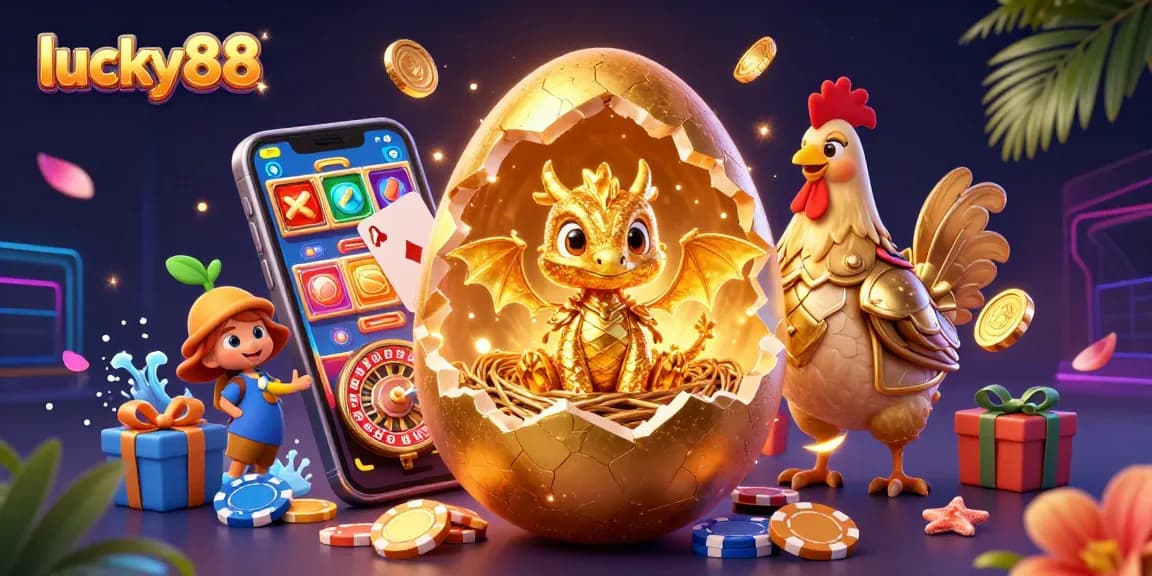 Experience wins at lucky88 with a vibrant scene featuring golden dragon and poker chips.