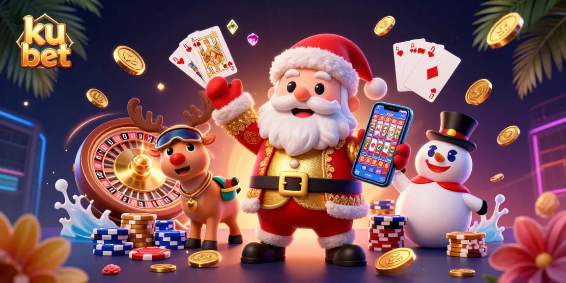 Engage with ku bet as Santa Claus celebrates jackpot wins in a vibrant casino scene