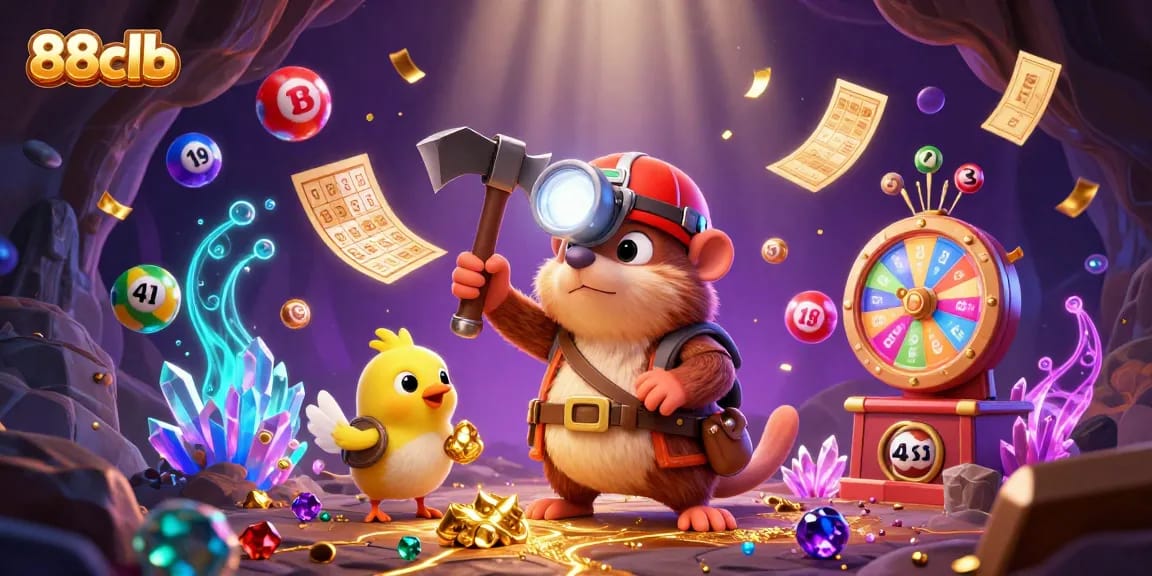 Win big at 88clb with colorful lottery balls bouncing dynamically in a vibrant casino setting.