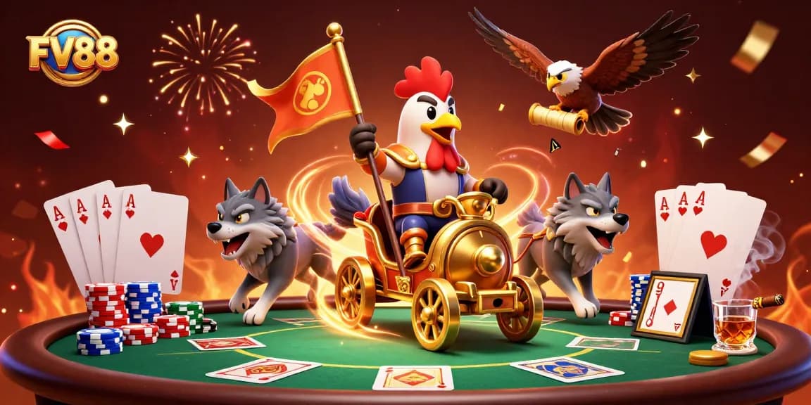 Engage with FV88's thrilling casino adventure featuring a rooster warlord and poker elements.