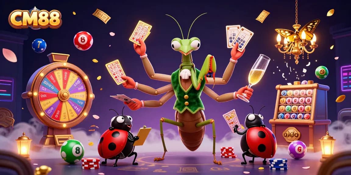 CM88 showcases thrilling gambling excitement with a giant mantis dealing cards and vibrant lottery elements.