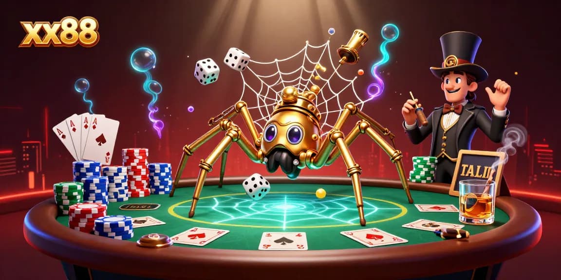 Engage in thrilling gaming at xx88 with a steampunk spider and poker extravaganza.