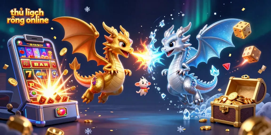 Capture the excitement of thủ lĩnh rồng online with golden and silver dragons unleashing fire and ice amidst a casino chaos.