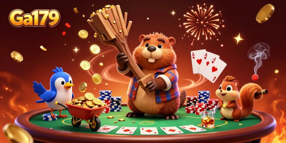 Ga179 features a lively scene with cartoon characters playing poker, surrounded by festive elements.