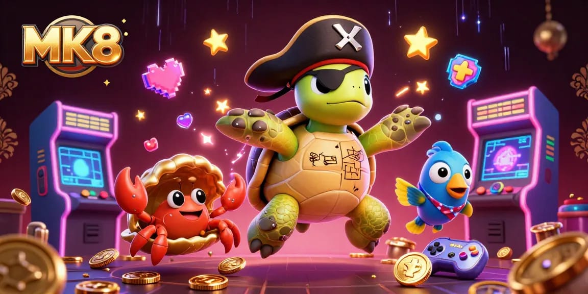 Engage in thrilling gambling fun at MK8's casino with colorful characters and arcade elements.