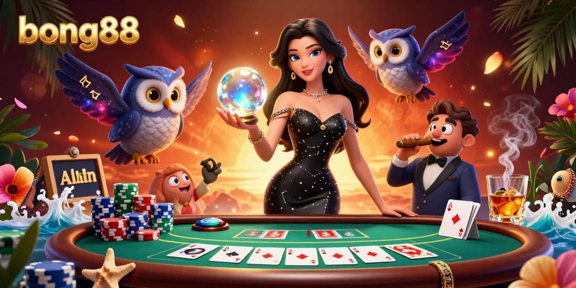 Bong88 offers an exciting poker experience with a stunning woman holding a crystal ball and an owl beside vibrant poker elements.
