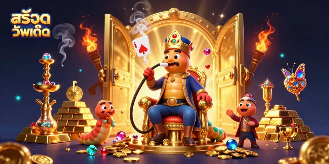 Spin the reels with สล็อตอัพเดท in this vibrant 3D casino illustration featuring enormous characters and abundant treasure.