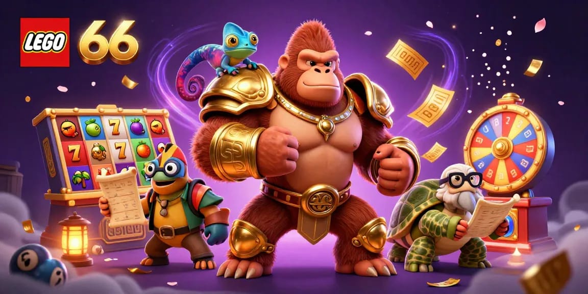 Experience the excitement of Lego66 with vibrant slot reels, a golden gorilla, and colorful gaming elements.