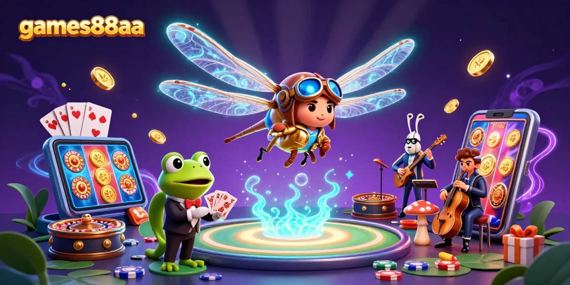 Experience thrilling gaming action with games88aa featuring a dragonfly pilot and frog croupier.