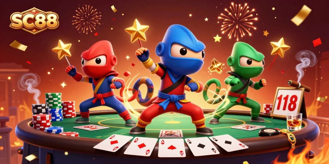 Engage with SC88 by witnessing a dynamic scene of chameleon ninjas performing martial arts on a poker table.