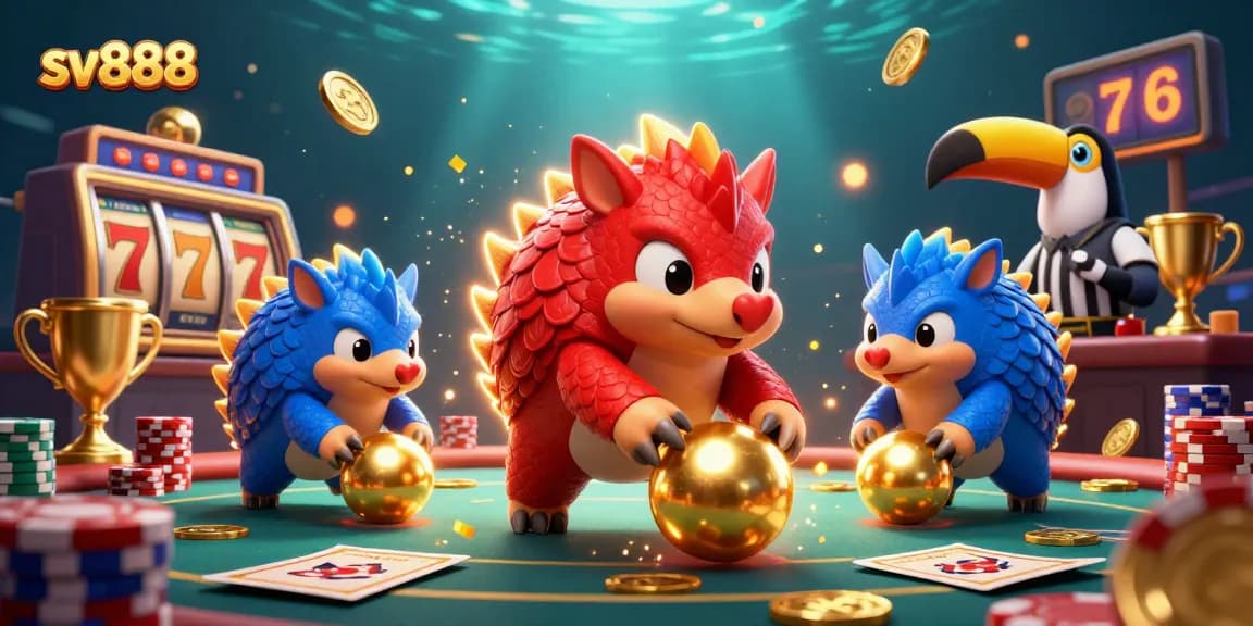 The sv888 pangolins compete in a thrilling casino battle with poker chips and slot reels.