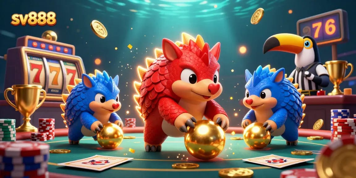 The sv888 pangolins compete in a thrilling casino battle with poker chips and slot reels.