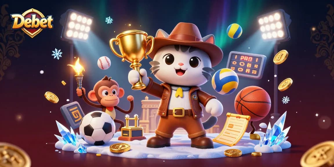 Debet showcases an archaeologist cat unveiling a golden casino artifact amidst dynamic sports elements.