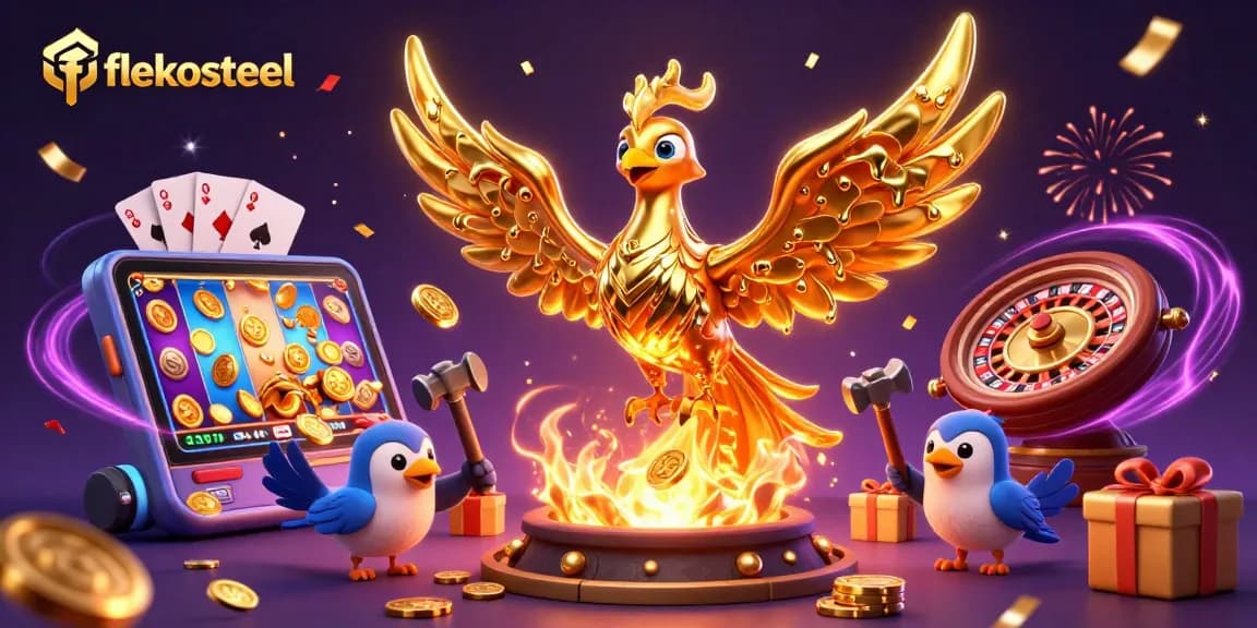 Play exciting slots with flekosteel and experience the thrill as golden coins cascade from the phoenix!
