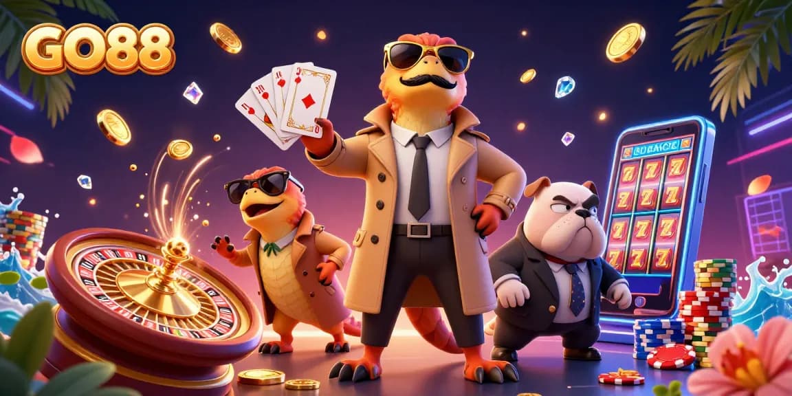 GO88 raptors disguised entering a VIP casino lounge amidst golden coins and vibrant playing elements.