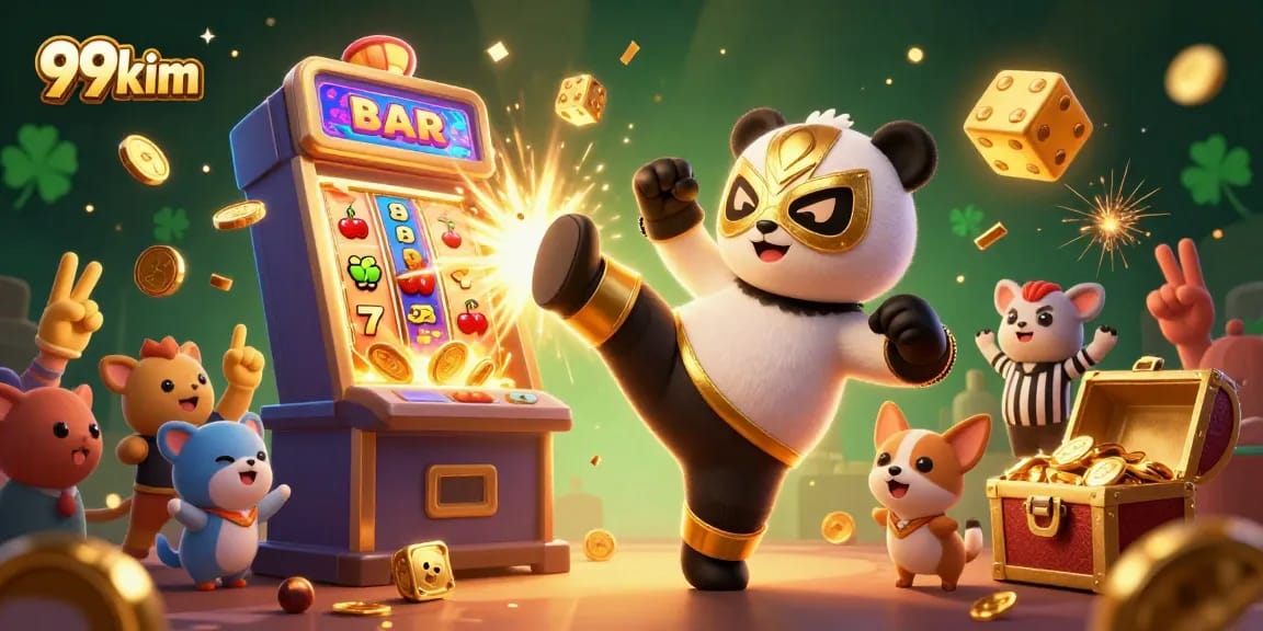 Engage with 99kim's thrilling casino gameplay featuring a panda wrestler, jackpots, and golden excitement.