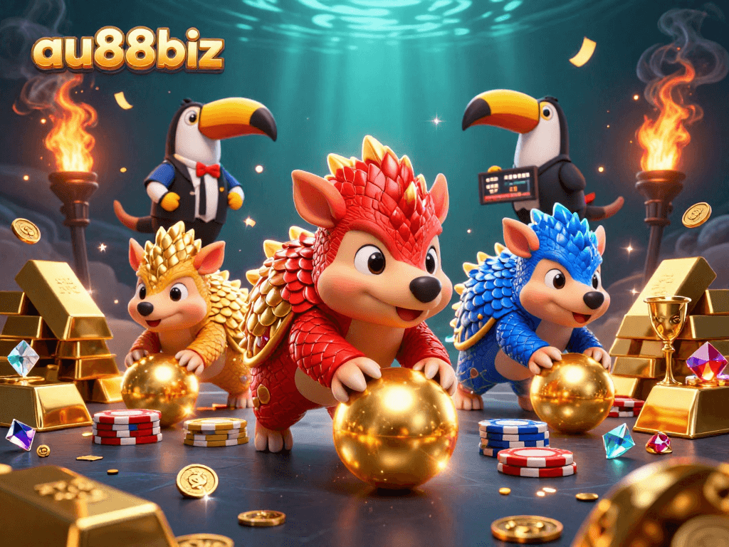 Engage in thrilling gaming action at au88biz with pangolins bowling through poker chips amidst a treasure-filled casino!