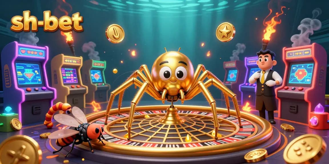 Experience thrilling bets at sh-bet with a golden spider croupier and colorful casino elements.