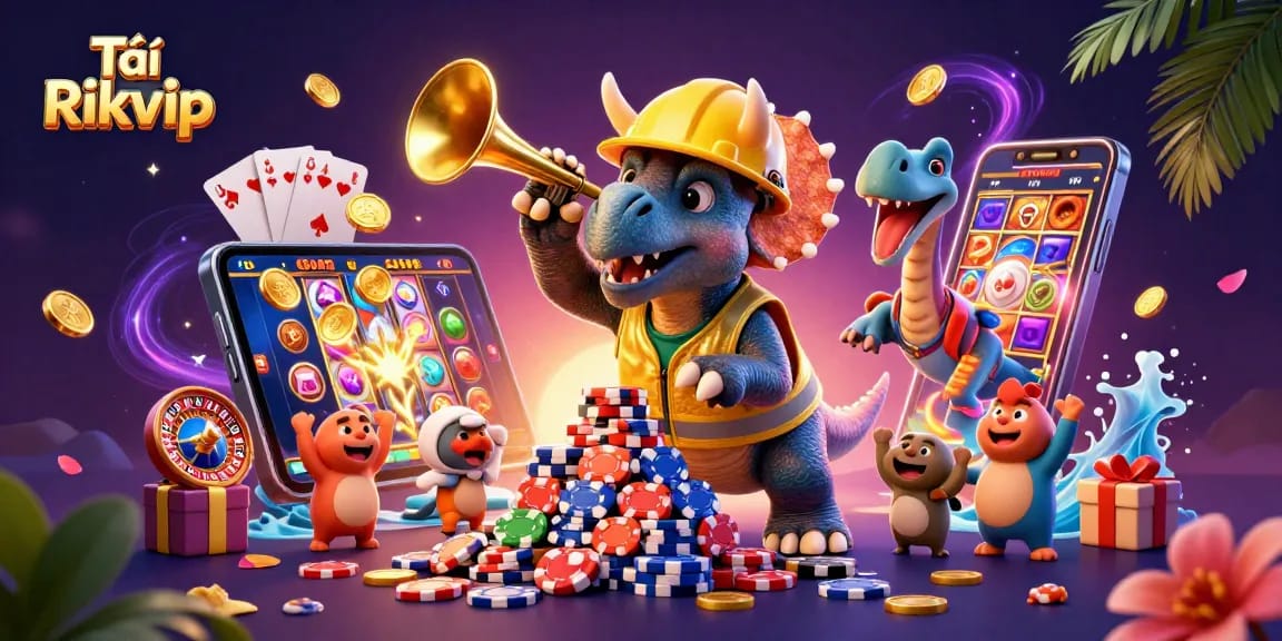 Tải Rikvip by building poker chips with dynamic gaming scene and vibrant characters