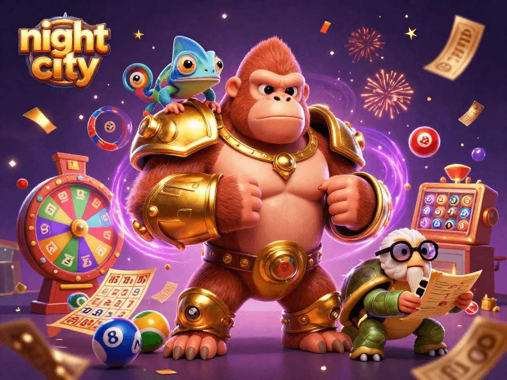 Engage with night city online as the gorilla king triumphantly shows off his jackpot winnings.