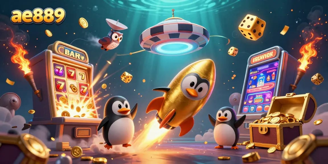 Experience winning at ae889 with a dynamic scene featuring a golden penguin, jackpot slots, and engaging casino elements.